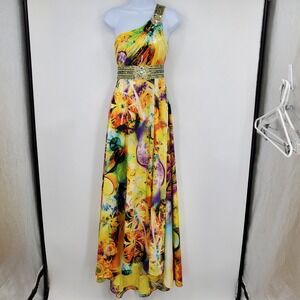 Riva Rhinestone Strap One Shoulder Yellow Pageant Glam Maxi Formal Prom Dress 0